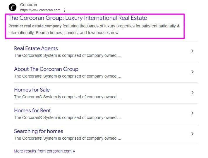 Google Search image showing metadata for The Corcoran Group