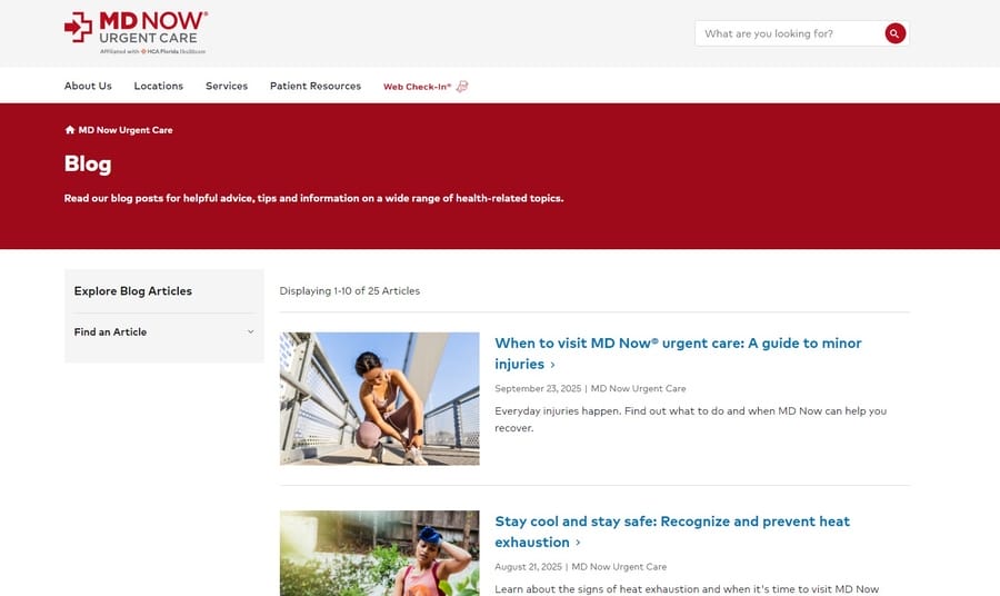 MD Now Urgent Care blog page screenshot