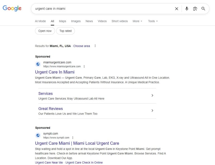 Google Search showing results for “urgent care in Miami”