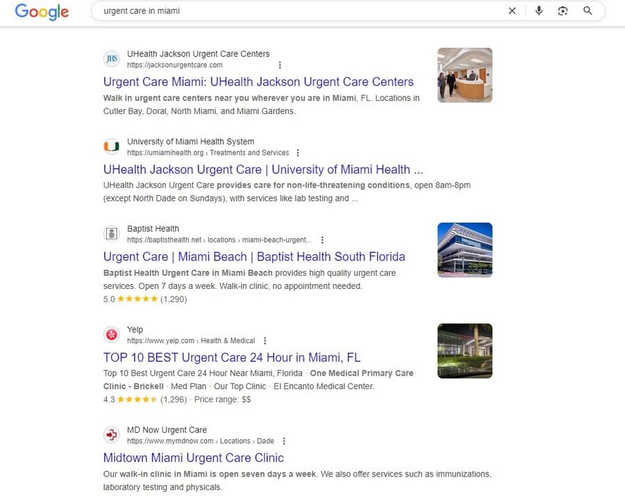Google Search image showing results for “urgent care in Miami”
