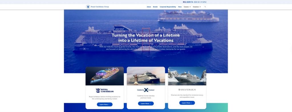 Royal Caribbean Group homepage screenshot