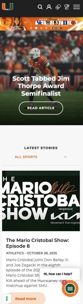 University of Miami Athletics mobile website screenshot