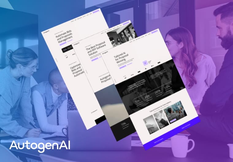 Responsive AI proposal software website concepts showcased in floating mockups with minimalist layouts, monochrome visuals and purple branding accents.