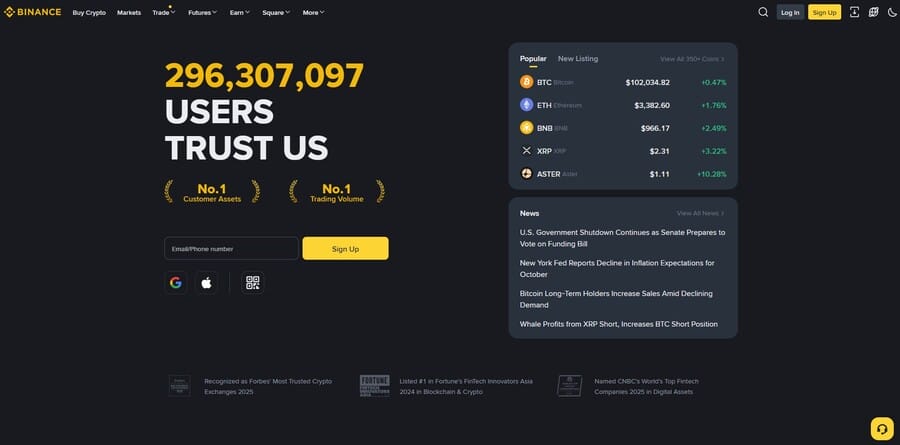 Image shoing Binance's dark mode design