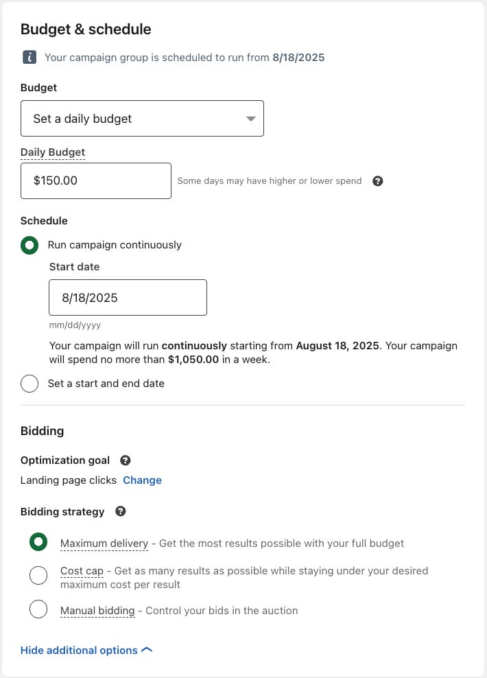 Image showing ad budget and schedule on LinkedIn