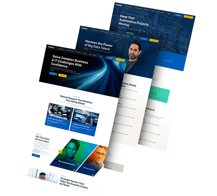 A collage of three images showing Procom's website pages