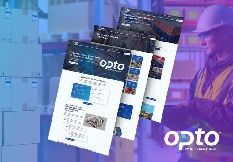 Responsive Opto by KPI Solutions website mockup highlighting warehouse software features, fulfillment management tools, case studies, and industry resources within a modern digital platform.