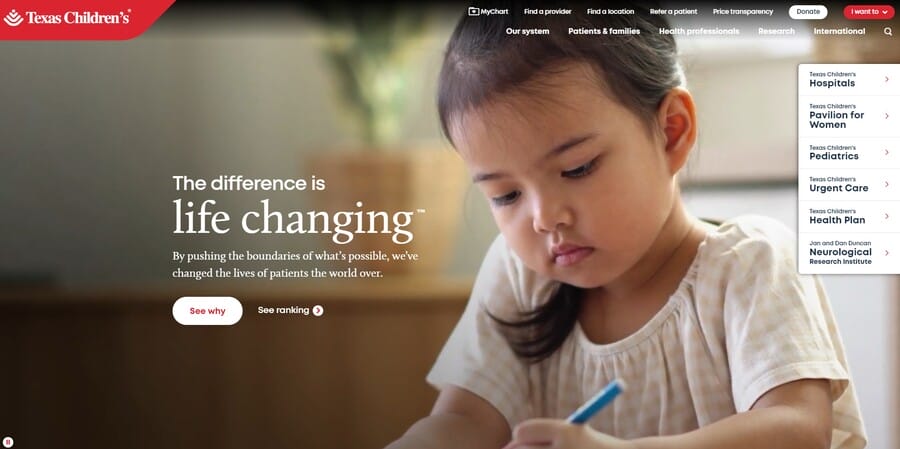 Texas Children’s Hospital website screenshot