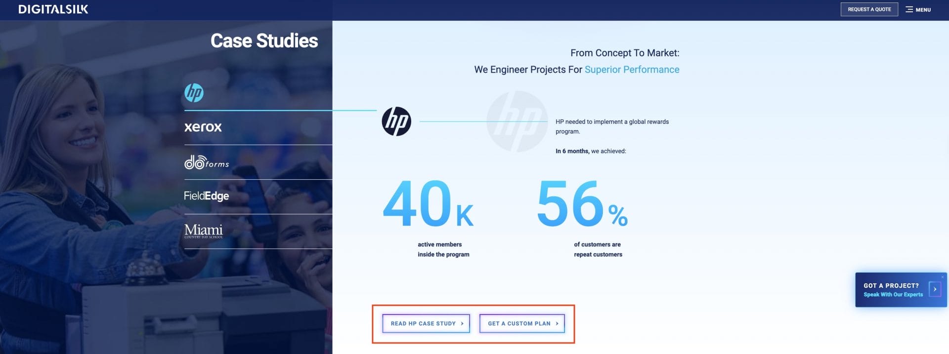 Digital Silk's homepage showing a list of case studies and call to action buttons 