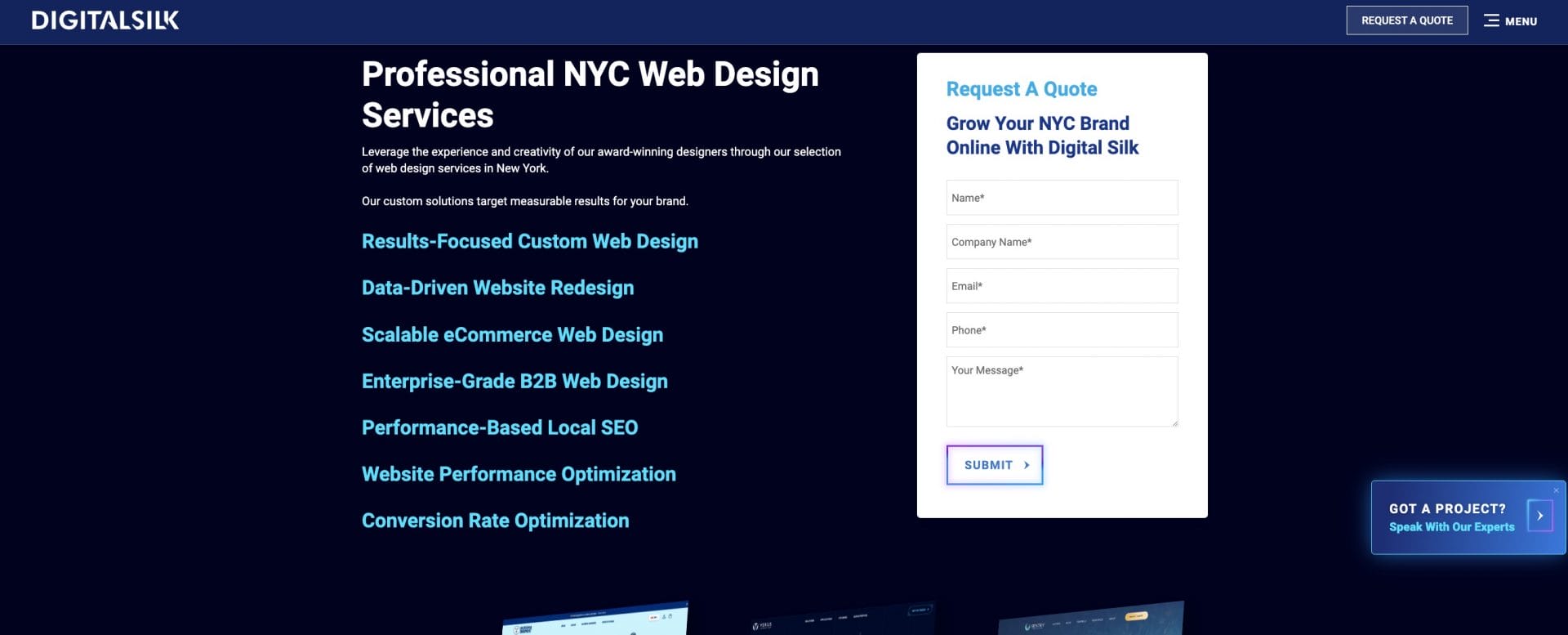 A screenshot of Digital Silk's request a quote form CTA