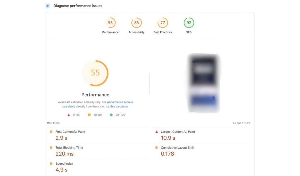 page speed insights showing a page performance