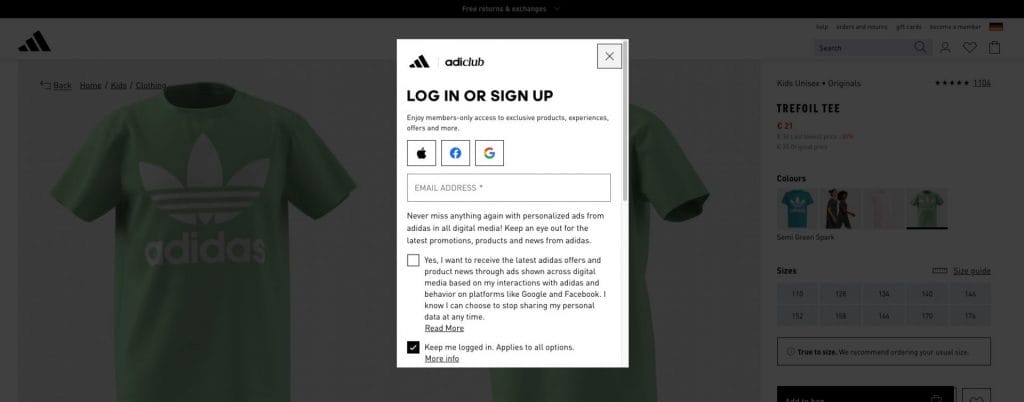 Adidas website screenshots showing a modal inviting users to join Adi club