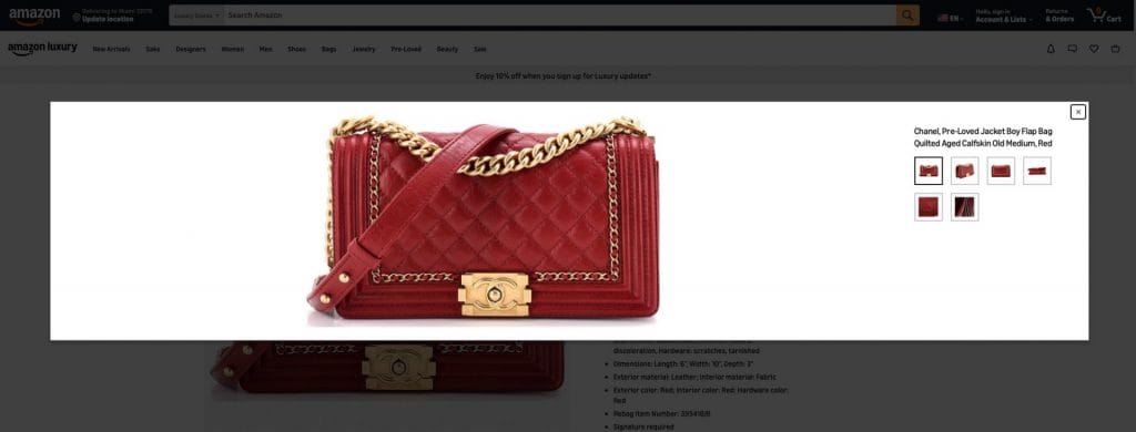 Amazon product page showing a Chanel bag