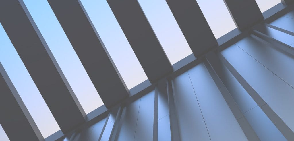 Background image for Beckway's case study showing angled architectural beams with blue sky and soft light casting shadows