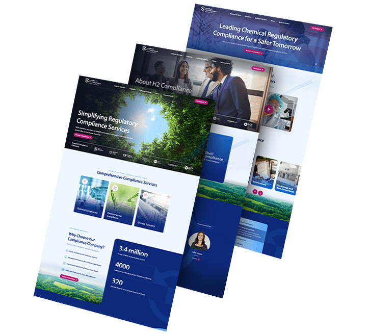 h2compliance-three-pages-flip A collage of three images showing H2 Compliance's website pages