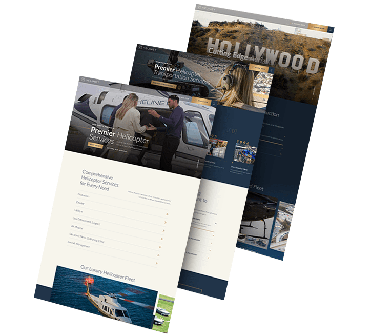 A collage of three images showing Helinet Aviation's website pages