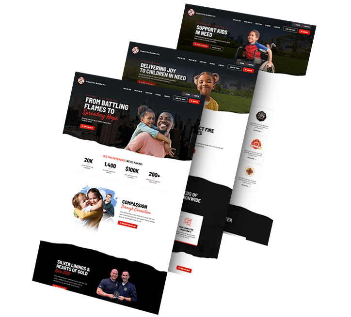 A collage of three images showing Project Fire Buddies website pages