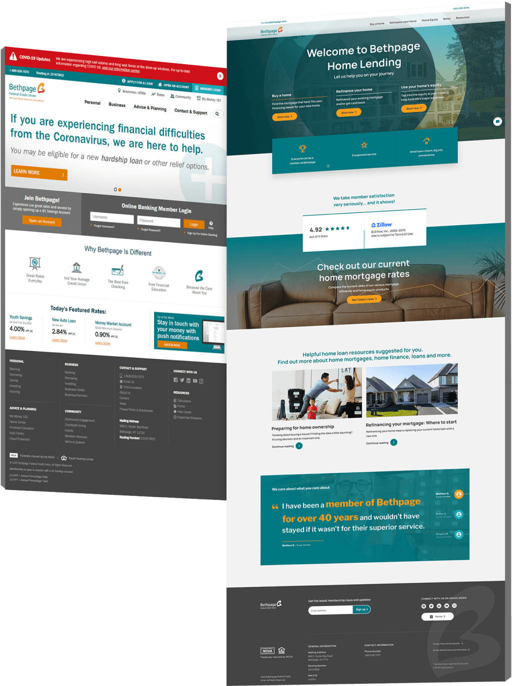 Side-by-side comparison of the Bethpage Federal Credit Union website showing the old layout with a cluttered homepage and member login on the left, and the redesigned Home Lending experience on the right with mortgage journey navigation, Zillow rating, current rates, home loan resources and member testimonials.