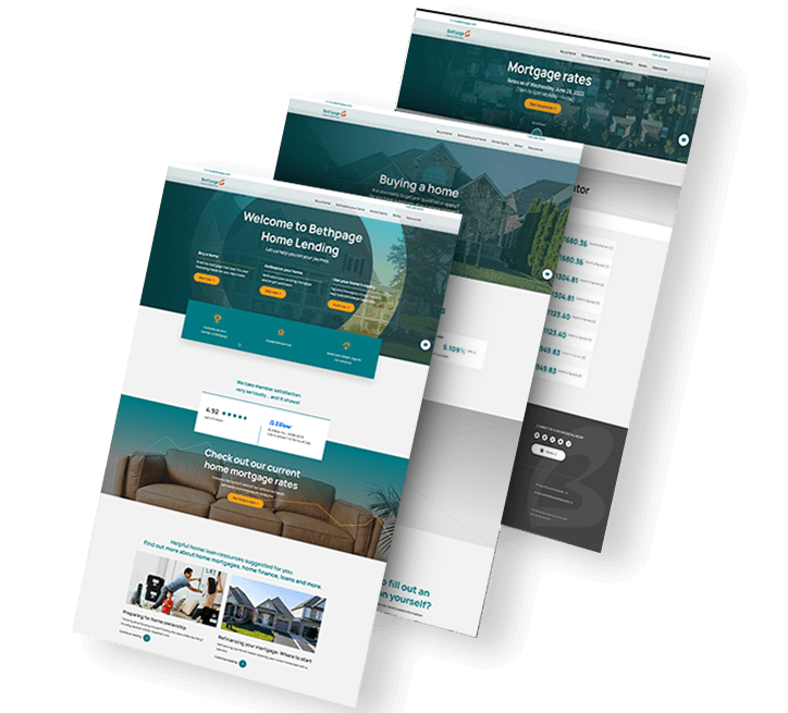 Three stacked pages from the redesigned Bethpage Home Lending site showing a mortgage journey hub, buying a home guide, and mortgage rates page with teal and gold branding.