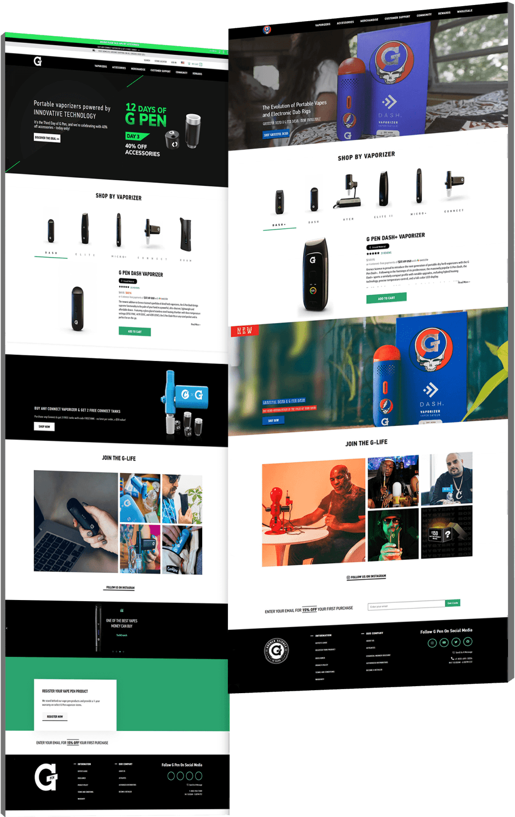 Side-by-side comparison of the G Pen website showing the previous dark layout with basic product grid and promotional banners on the left, and the redesigned version on the right with larger product imagery, brand collaboration features, lifestyle content and a streamlined shopping experience.