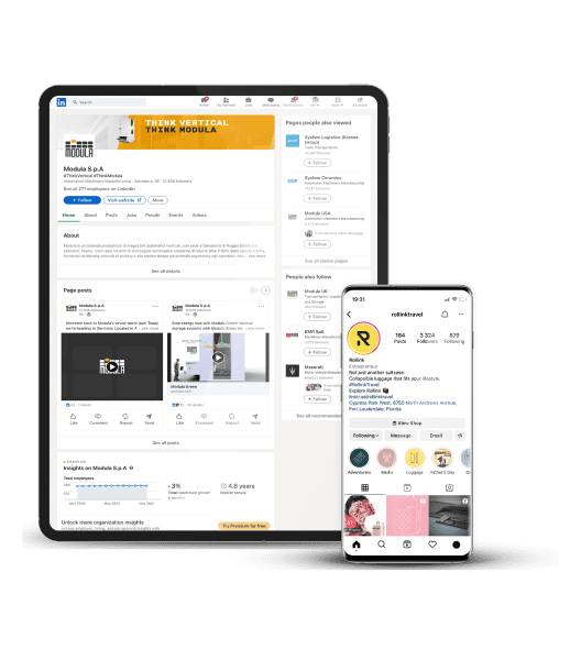 Tablet and smartphone mockup displaying a company’s LinkedIn page and Instagram profile side