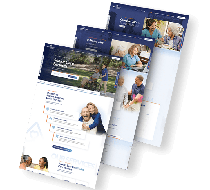 Three stacked pages from the redesigned Always Best Care website showing senior care services, in-home care and caregiver jobs pages with modern navy blue branding and warm photography.
