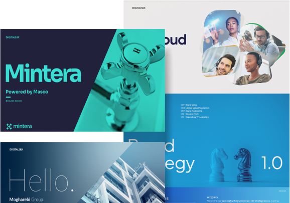 Grid of four brand book cover designs featuring bold typography, blue-toned gradients, abstract shapes, architectural imagery, robotics, and photos of people in professional settings