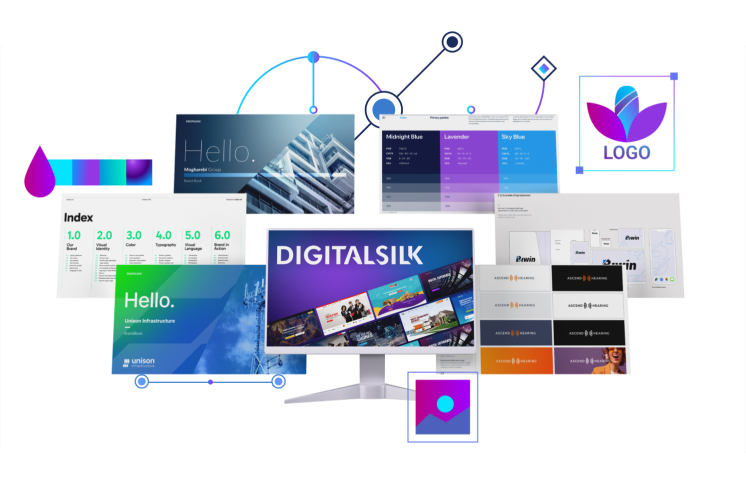 Collage of branding and design materials, including logo sheets, color palettes, stationery, brochures, and a desktop website mockup,