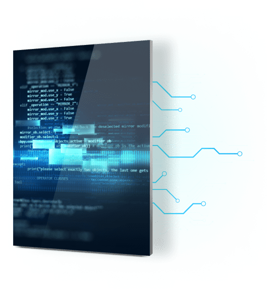 Abstract illustration of a software panel with code on screen, surrounded by glowing blue circuitry