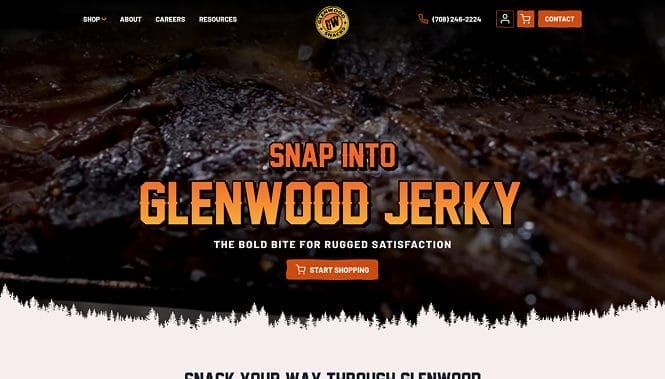 custom-web-development-services-glenwood-jerky-homepage Glenwood Jerky homepage with a textured smoked meat hero, bold white and orange headline, pine tree silhouette border and a Start Shopping button.