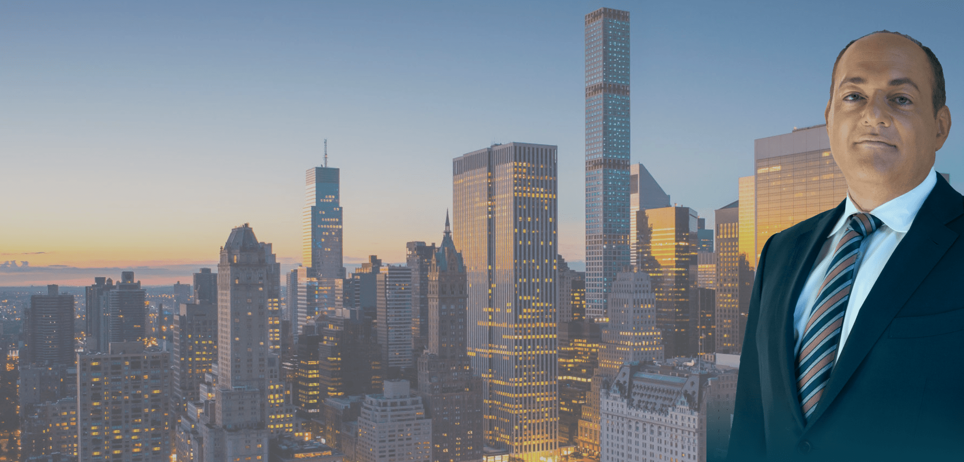 A lawyer in a suit overlaid on a city skyline at dusk, with illuminated skyscrapers and a clear evening sky in the background.