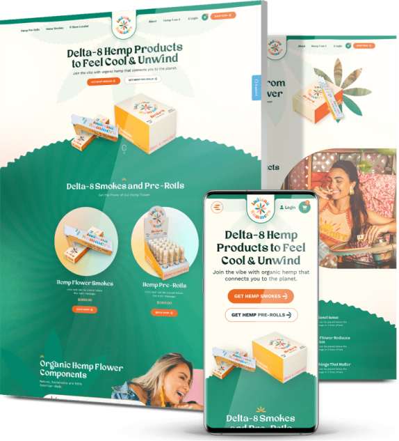 Indiana Summers eCommerce website across desktop and mobile with green branding, Delta-8 hemp product listings and organic flower components section.
