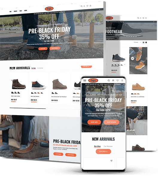 Lugz eCommerce website across desktop, tablet and mobile showcasing footwear collections, new arrivals and promotional banners.