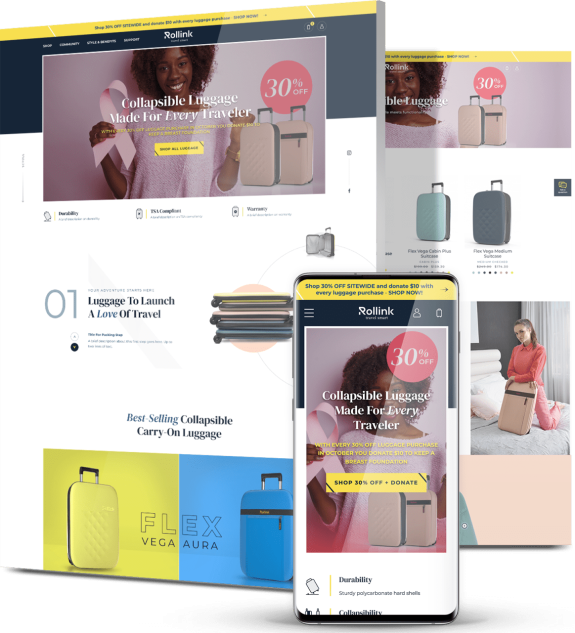 Rollink eCommerce website across desktop, tablet and mobile featuring collapsible luggage promotions, product collections and lifestyle imagery.