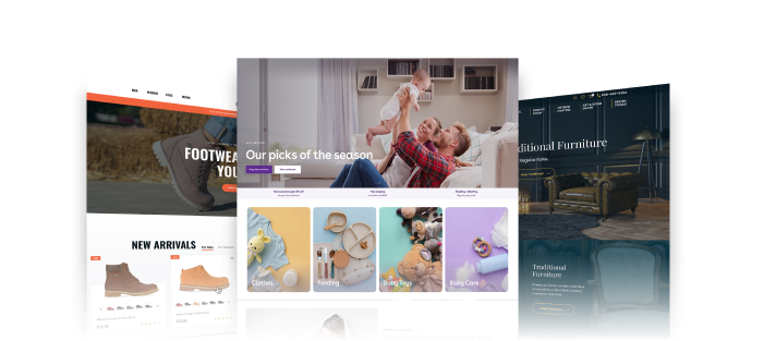 Three Shopify storefront examples showing a footwear shop with new arrivals, a baby and kids store with seasonal picks and product categories, and a traditional furniture store with dark-themed layout.