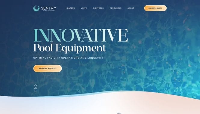 ecommerce-web-design-company-sentry-homepage Sentry pool equipment homepage with a deep blue underwater background, serif headline typography and a prominent quote request button.
