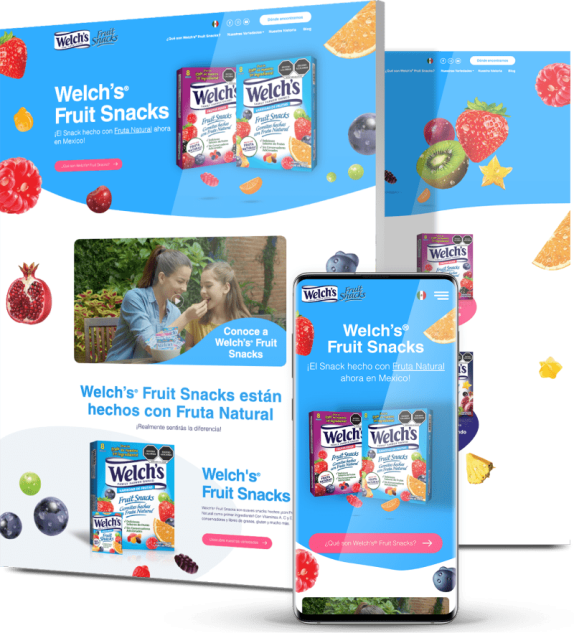 ecommerce-web-design-company-welch Welch's Fruit Snacks Spanish-language website on desktop and mobile with colorful fruit illustrations, product packaging shots and family lifestyle photography.