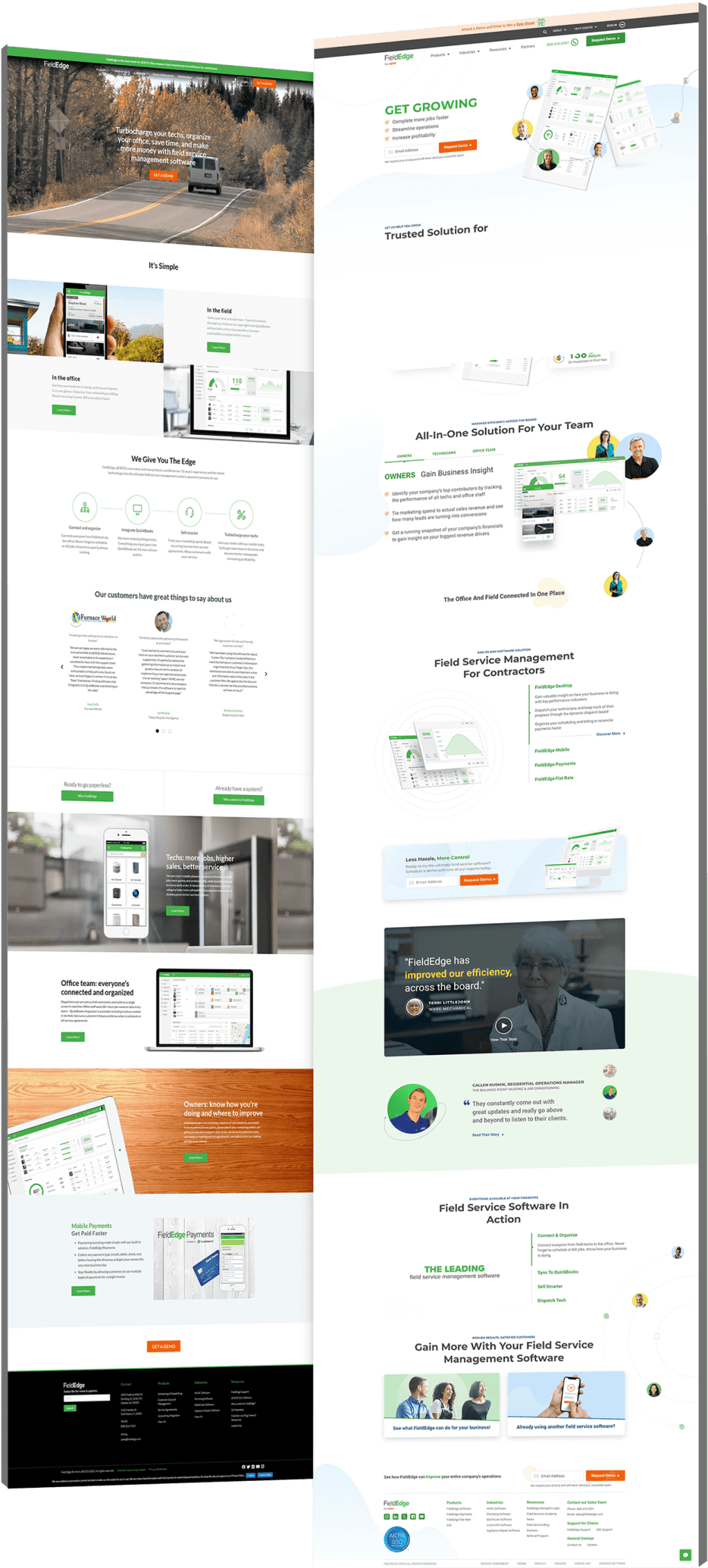 Side-by-side comparison of the FieldEdge website showing the old dark-themed layout with road imagery and basic feature blocks on the left, and the redesigned version on the right with bright green branding, role-based solution tabs, product breakdowns, video testimonials and a field service software overview.