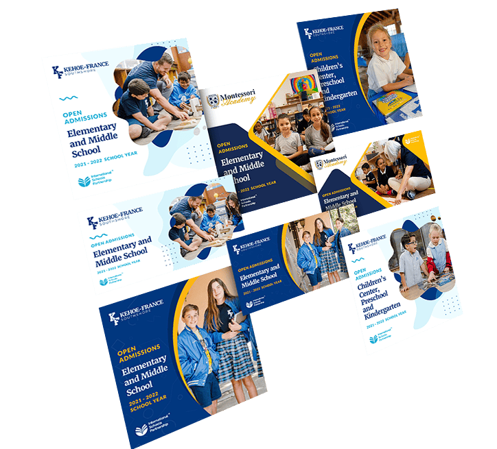 Collection of digital ad creatives for Kehoe-France, Montessori Academy and Children's Center promoting open admissions for elementary, middle school, preschool and kindergarten programs with blue and gold branding.