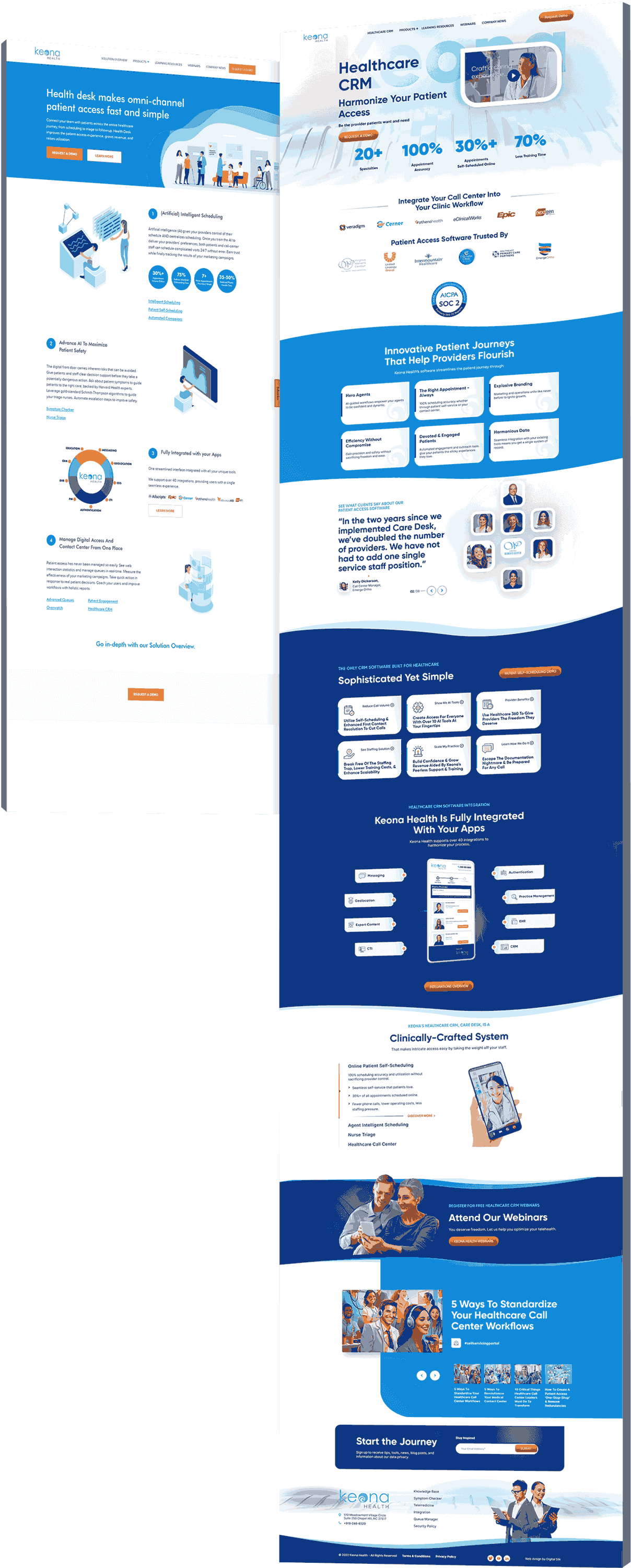 Before and after comparison of the Keona Health website, from a basic product layout to a comprehensive platform with metrics, testimonials and feature grids.