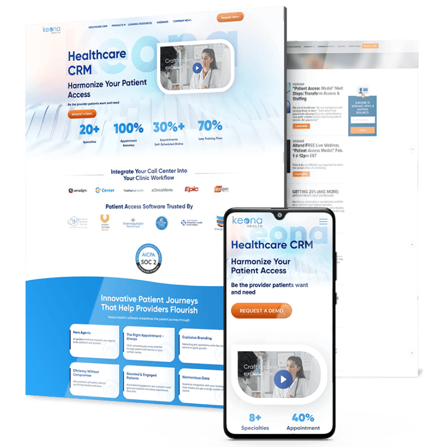 Keona Health website redesign across desktop and mobile featuring healthcare CRM positioning, performance metrics and trust signals.