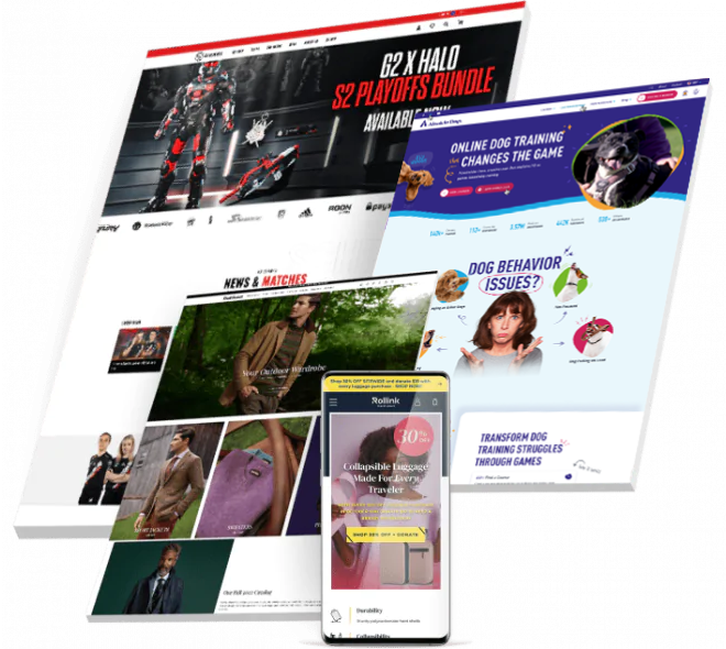 Collage of eCommerce website designs shown on desktop and mobile screens