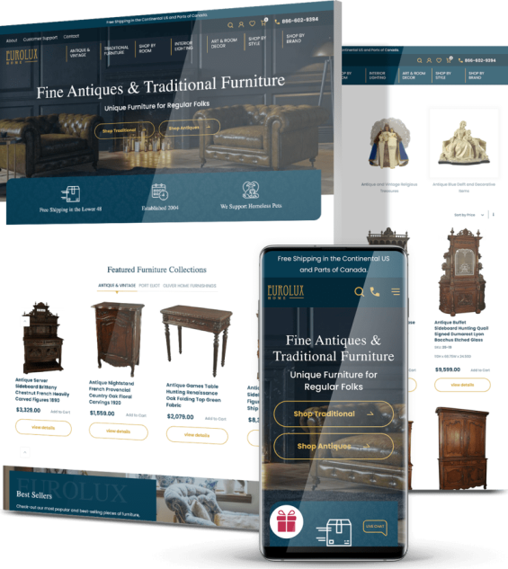 Antique furniture eCommerce website displayed on desktop and mobile screens