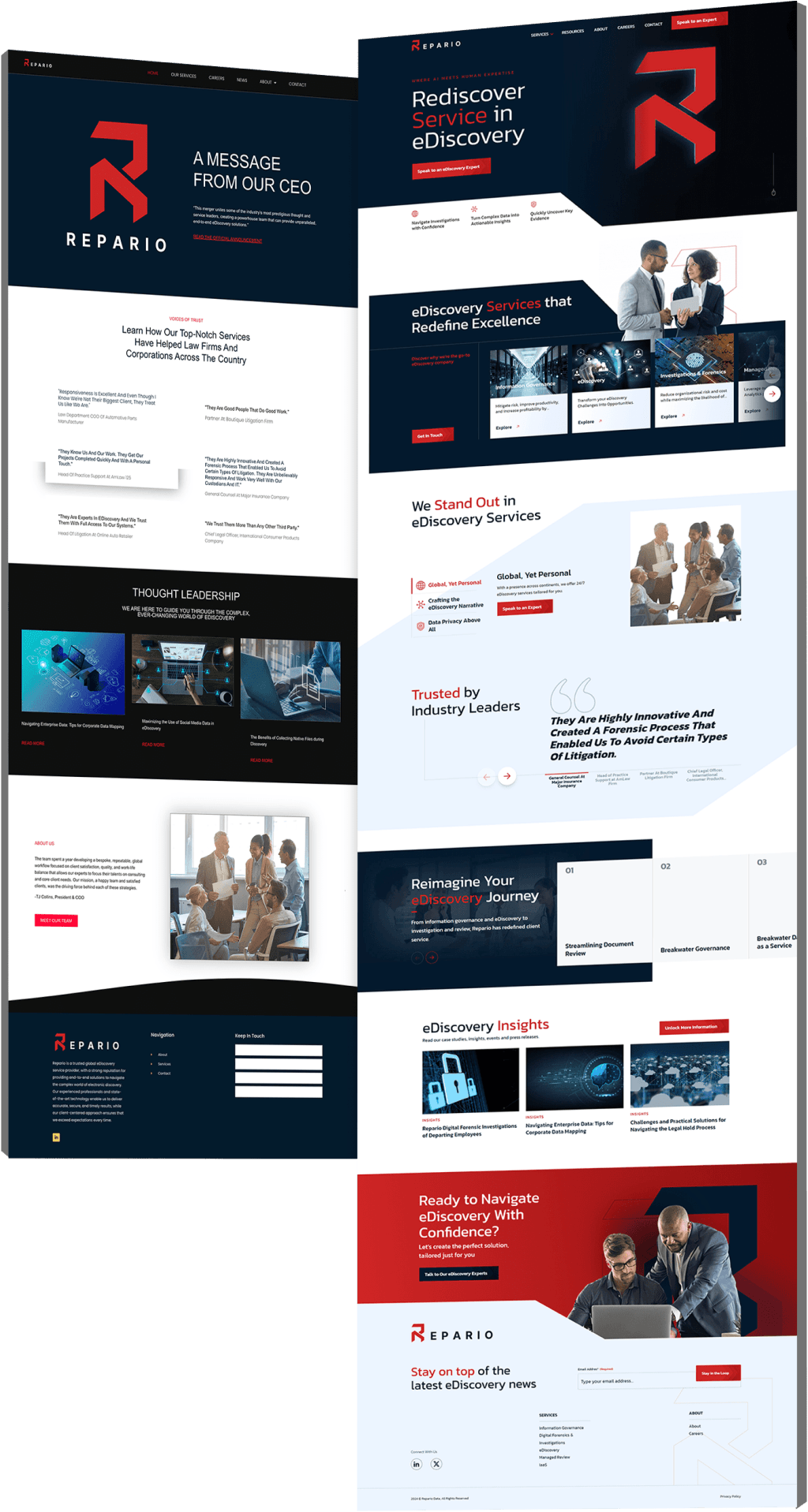 Side-by-side comparison of the Repario website showing the old dark layout with CEO message and client testimonials on the left, and the redesigned version on the right with eDiscovery service highlights, industry trust signals, case study carousel and insights section.