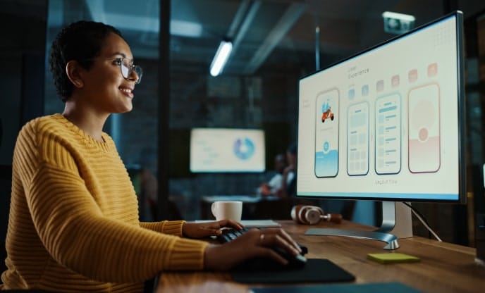 Marketing professional reviewing website and app layouts on a desktop monitor in a modern office