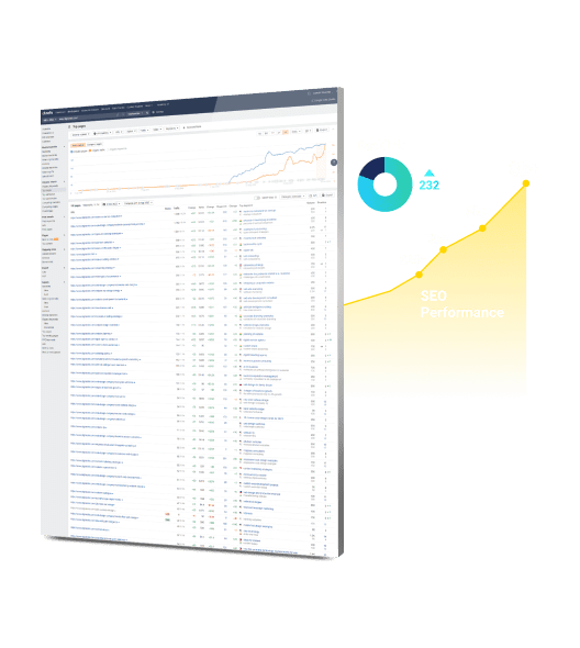 SEO dashboard showing backlink data, ranking metrics, and a performance chart with upward traffic growth