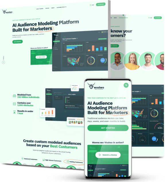 Wodwo website across desktop, secondary views and mobile showcasing an AI audience modeling platform with dashboard previews, customer insights and key stats.