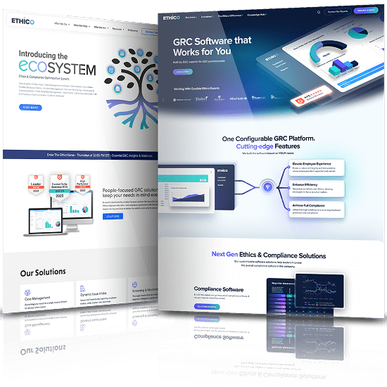 Side-by-side comparison of two Ethico website versions, showing the original ecosystem-focused homepage on the left and the redesigned GRC software platform with configurable features and compliance dashboard on the right