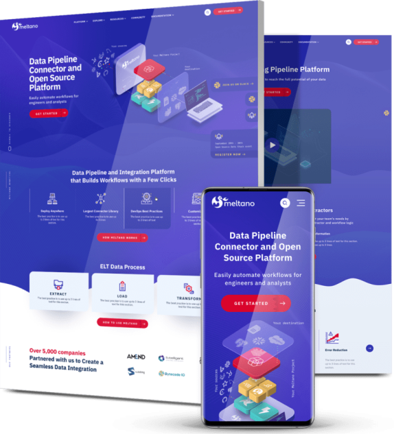 Desktop and mobile mockups of the Meltano platform showing the homepage hero for a data pipeline connector and open source platform, a feature overview section, an ELT data process breakdown and a client logo bar with partner companies