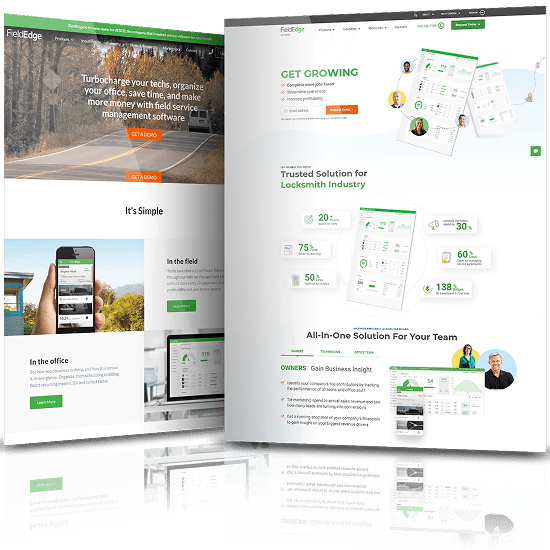 Before and after comparison of the FieldEdge website, with the original dark forest imagery and text-heavy layout on the left and the redesigned clean white and green interface on the right